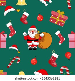 Seamless Christmas pattern with Santa Claus, snowman and gift boxes. Vector illustration. for Merry Christmas and Happy New Year greeting card.