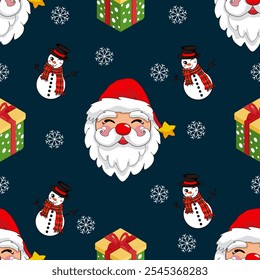 Seamless Christmas pattern with Santa Claus, snowman and gift boxes. Vector illustration. for Merry Christmas and Happy New Year greeting card.