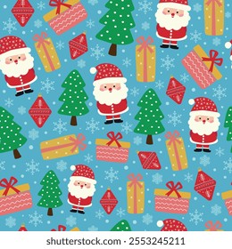 Seamless Christmas pattern with Santa Claus, Christmas trees and gifts. Vector.