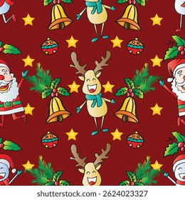 Seamless Christmas pattern with Santa Claus, reindeer, snowman, bell and Christmas tree branches.