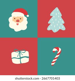 Seamless Christmas Pattern with Santa Claus, Gift, Tree and Candy Cane