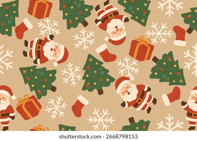 Padrão de Natal perfeito com Papai Noel, caixas de presente, flocos de neve, meias e árvores festivas. Perfeito para decoração de férias, papel de embrulho e design.
