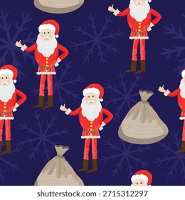 Padrão de Natal perfeito com Papai Noel, saco de presente e flocos de neve em um fundo azul escuro. Design de inverno festivo para papel de embrulho, têxteis, papel de parede e marca sazonal.