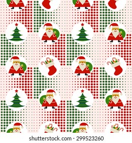 Seamless Christmas pattern with Santa Claus and Christmas trees on a halftone background