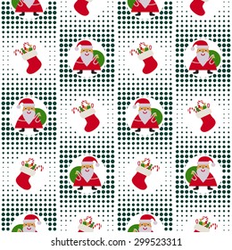 Seamless christmas pattern with Santa Claus and stocking on a halftone background