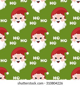 seamless christmas pattern with santa claus cartoon character and ho ho ho sign on green background