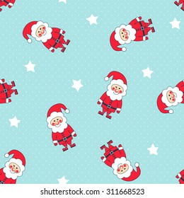 Seamless Christmas pattern with Santa Claus and stars on polka dot background. Xmas background. Winter holidays texture.