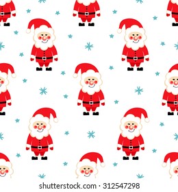 Seamless Christmas pattern with Santa Claus, snow and stars on white background. Cute Xmas background. Winter holidays texture.