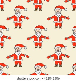 Seamless Christmas pattern with Santa Claus and stars on polka dot background. Xmas background. Winter holidays texture.
