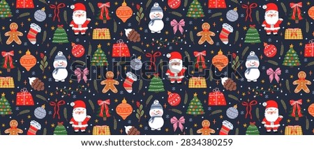 Seamless Christmas pattern with Santa Claus, a snowman, a gingerbread man, a Christmas tree, and a gift box on a dark background. Festive wrapping paper texture for winter celebrations. Vector.