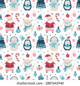 Seamless Christmas pattern with Santa clause, deer, tree, decoration, snowflakes, penguin, snowman and boxes Vector illustration