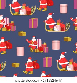 Seamless Christmas pattern with Santa Clauses on a blue background
