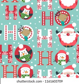 Seamless Christmas pattern with Santa, deer, penguin and snowman.
