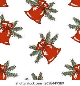 Seamless Christmas pattern with Santa gift bags, pine branches, and festive decor vector illustration