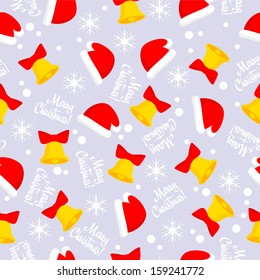 Seamless Christmas pattern. Santa hat and bell decorative background.