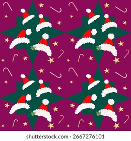 Patrón de Navidades sin fisuras con sombreros de Santa, estrellas y bastones de caramelo sobre fondo púrpura