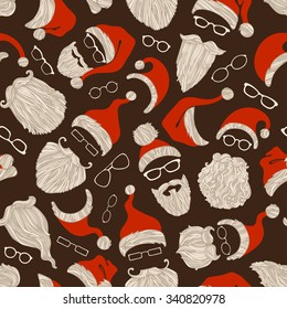 Seamless Christmas pattern of Santa hats, beards and eyeglasses. Boundless background can be used for web page backgrounds, wallpapers, wrapping papers, invitation and congratulations. 