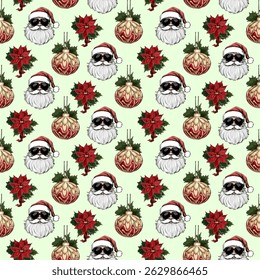 Seamless Christmas pattern with Santa heads, red presents, baubles, and candy designs on red background