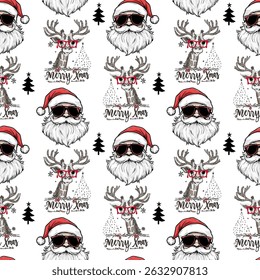 Seamless Christmas pattern with Santa heads, red presents, baubles, and candy designs on red background