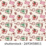 Seamless Christmas pattern with Santa letters, postmarks and stamps. Vintage vector illustration.