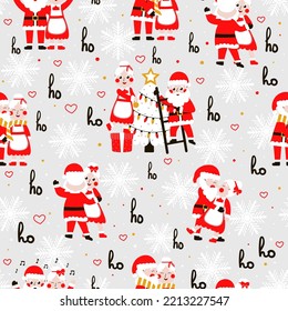 Seamless christmas pattern with santa and mrs claus on gray background for wrapping paper or textile print, winter wallpaper for kids