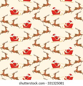 Seamless Christmas Pattern with Santa on Sleigh and His Reindeers Isolated on Beige Background