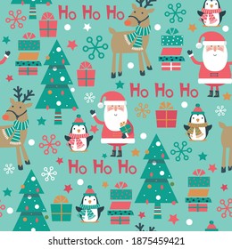 Seamless Christmas pattern with Santa, penguin, reindeer, tree and boxes of gifts. Vector illustration. 