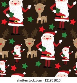 Seamless Christmas pattern with Santa, reindeer and stars vector pattern