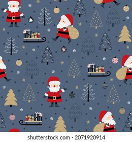 Patrón navideño sin problemas con Santa С alaba trineos con árboles de regalo y nieve sobre fondo azul en vector. Patrón de vacaciones decorativas para tarjetas de felicitación, tela, papel pintado, papel digital.