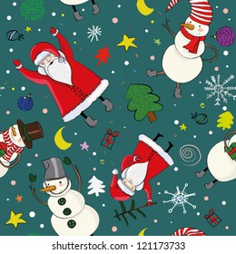 Seamless christmas pattern with Santa, snowman, fur-tree, gifts, fur-toys, snowflakes, moon and stars.