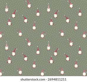 Seamless Christmas pattern with Santa, snowman, tree, gingerbread, fir branches. Cute festive holiday background. Vector illustration isolated on white.