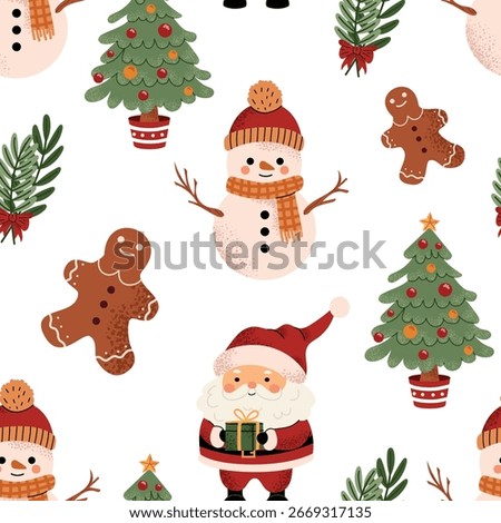 Seamless Christmas pattern with Santa, snowman, tree, gingerbread, fir branches. Cute festive holiday background. Vector illustration isolated on white.