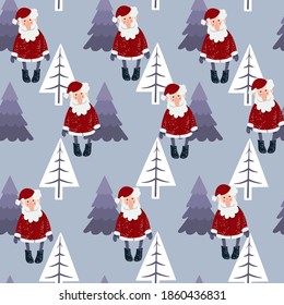 Seamless Christmas pattern with Santa and Christmas trees, vector