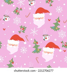 Seamless Christmas pattern with santa's faces. Vector graphics.