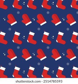 Seamless Christmas pattern with Santa's mittens and gift socks on blue background.