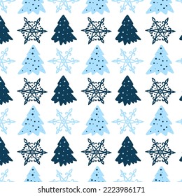 Seamless christmas pattern.  Scandinavian folk decor - deer, snow flake and tree. Nordic ornament. White pixel image with red and green background. Raster jpg file.