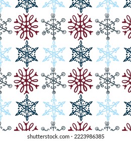 Seamless christmas pattern.  Scandinavian folk decor - deer, snow flake and tree. Nordic ornament. White pixel image with red and green background. Raster jpg file.