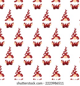 Seamless christmas pattern.  Scandinavian folk decor - deer, snow flake and tree. Nordic ornament. White pixel image with red and green background. Raster jpg file.