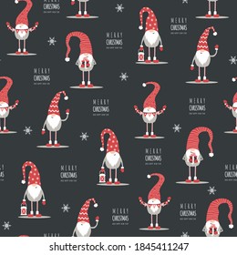 Seamless Christmas pattern. Scandinavian gnomes in red hats. Vector illustration in cartoon style. New year design for wrapping paper, textiles, fabric.