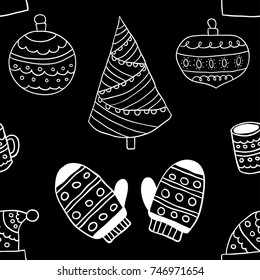 Seamless christmas pattern in scandinavian style, doodle vector illustration for textile design, white on black