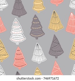 Seamless christmas pattern in scandinavian style, doodle vector illustration for textile design, grey and white and yellow and red