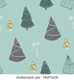 Seamless christmas pattern in scandinavian style, doodle vector illustration for textile design, grey and green
