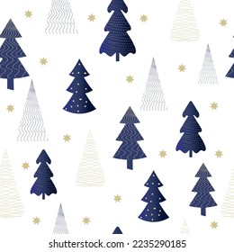 Patrón navideño sin problemas, árboles navideños escandinavos de diferentes formas y texturas. Para decoración de vacaciones, material de embalaje, textiles