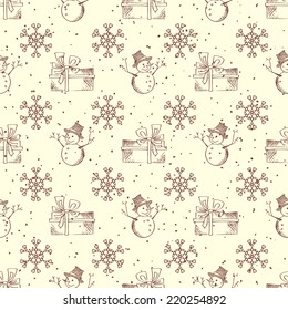 Seamless Christmas pattern. Sepia hand-drawn pencil background.