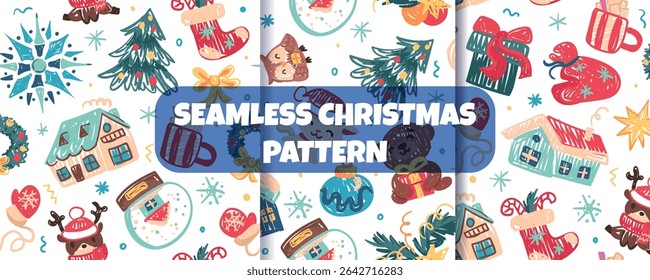 Seamless Christmas pattern set in childlike crayon style. Print for cloth design, textile, fabric, wallpaper, wrapping paper. Chalk Hand drawn vector kids sketches: houses, trees, animals, gifts, snow