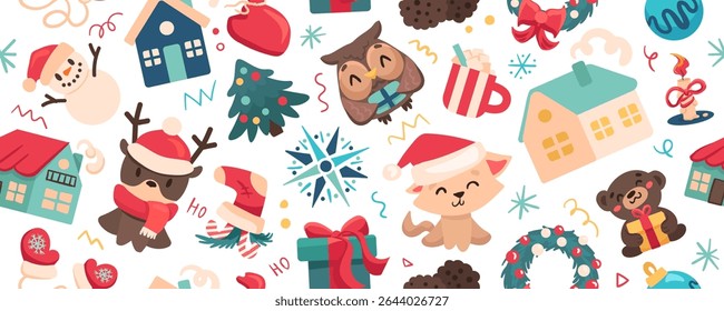 Seamless Christmas pattern set in childlike cartoon style. Print for cloth design, textile, fabric, wallpaper, wrapping paper. Chalk Hand drawn vector kids sketches: houses, trees, animals, gifts