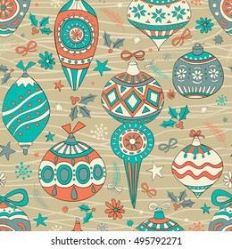 Seamless Christmas pattern. Set of colorful hand drawn Christmas balls. Holiday decorative elements. Vector illustration