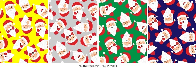 Conjunto de patrones de Navidad sin fisuras con lindas caras de Santa Claus diferentes emociones Amarillo Gris Verde Azul Fondos Carteles Diseño Tarjetas de envoltura