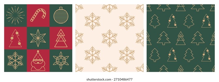 Patrón de Navidades sin fisuras con Elementos de oro en estilo geométrico para envolver papel, tarjeta, Anuncio. Feliz año Nuevo patrón con iconos de línea de oro. Ilustración vectorial