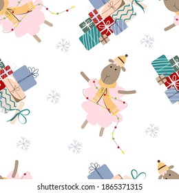 
seamless Christmas pattern with sheep on a light background. print for design of fabric, wrapping paper, tablecloth, napkins